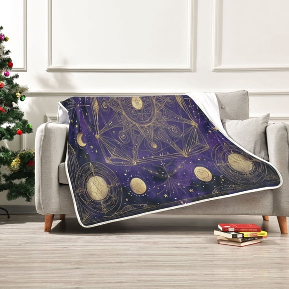 60x80 inch Crystal Fleece & Arctic Fleece Blanket Soft Bed Throws for Home or Camping Gold Celestial Pattern