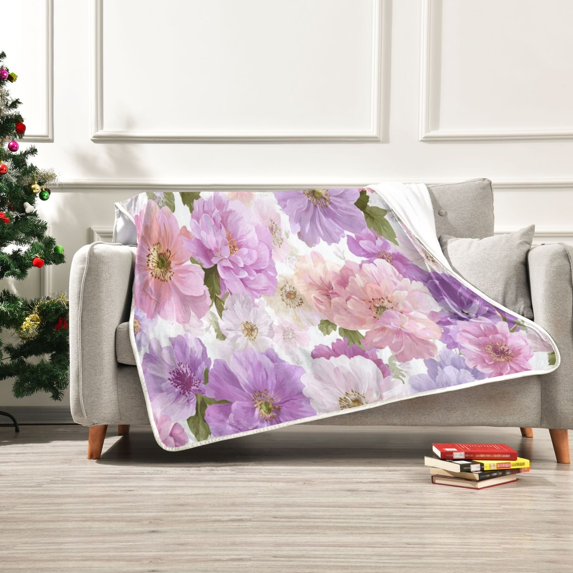 60x80 inch Crystal Fleece & Arctic Fleece Blanket Soft Bed Throws for Home or Camping Lavender and Pink Flowers