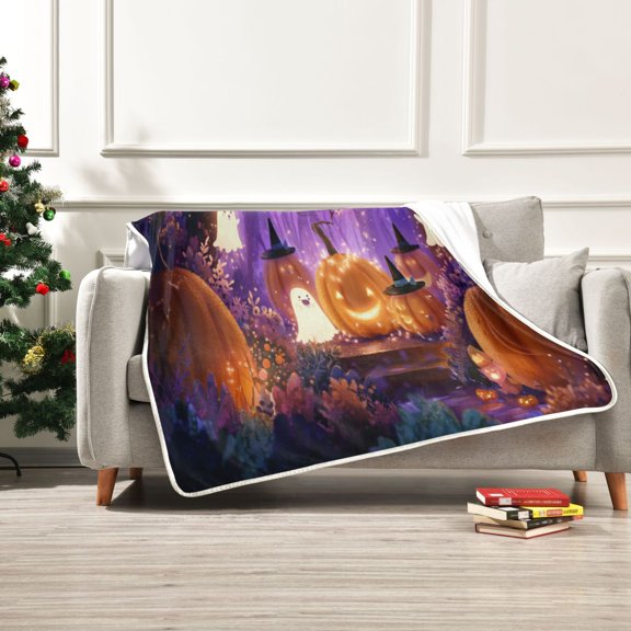 60x80 inch Crystal Fleece & Arctic Fleece Blanket Soft Bed Throws for Home or Camping Whimsical Cartoon Halloween Scene