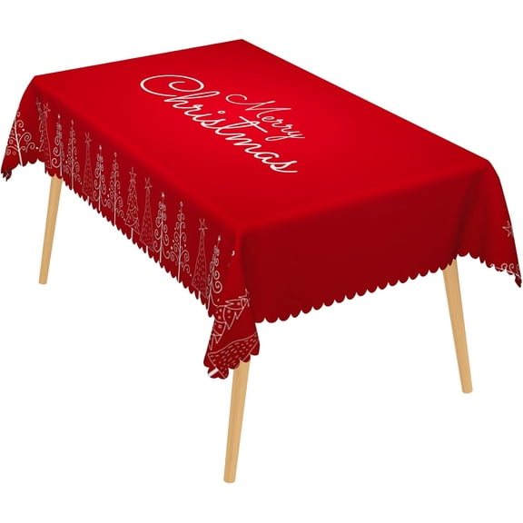 60x84 Inch Merry Christmas Linen Table Cloths Rectangle Xmas Tree Red Bordered Durable Tablecloths Winter Stain Resistant Table Cover for Dining Room Outdoor Party Table Decor