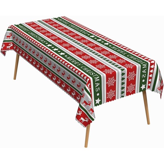 60x84 Inch Merry Christmas Rectangle Tablecloth Reindeer Snowflakes Xmas Tree Stripes Table Cloth Washable Durable Table Cover for Kitchen Dining Banquet Ugly Christmas Sweater Party Decor