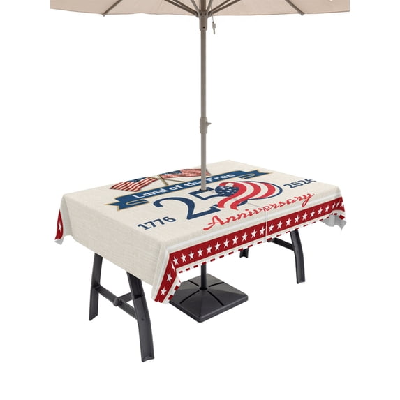 60x84 Inch Outdoor Tablecloth with Umbrella Hole Zipper Rectangle Anniversary Rectangular Tablecloths Outside Waterproof America Patriotic Blue Red Vintage Beige Patio Table Cloth Cover for Picnic