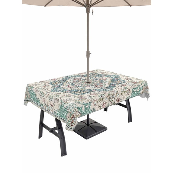 60x84 Inch Outdoor Tablecloth with Umbrella Hole Zipper Rectangle Beige Teal Boho Rectangular Tablecloths Outside Waterproof Medieval Vintage Ethnic Floral Abstract Patio Table Cover for Picnic Party