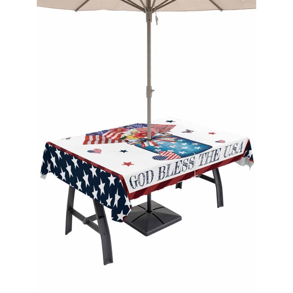 60x84 Inch Outdoor Tablecloth with Umbrella Hole Zipper Rectangle Blue Red 4th of July Rectangular Tablecloths Outside Waterproof Independence Day Star Love Heart Patio Table Cover for Picnic Party