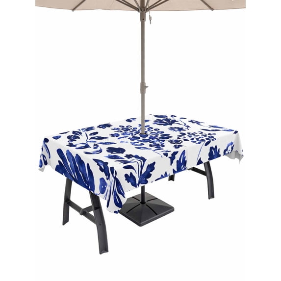 60x84 Inch Outdoor Tablecloth with Umbrella Hole Zipper Rectangle Blue Spring Floral Rectangular Tablecloths Outside Waterproof Summer Farmhouse Flowers Botanical Patio Table Cover for Picnic Party