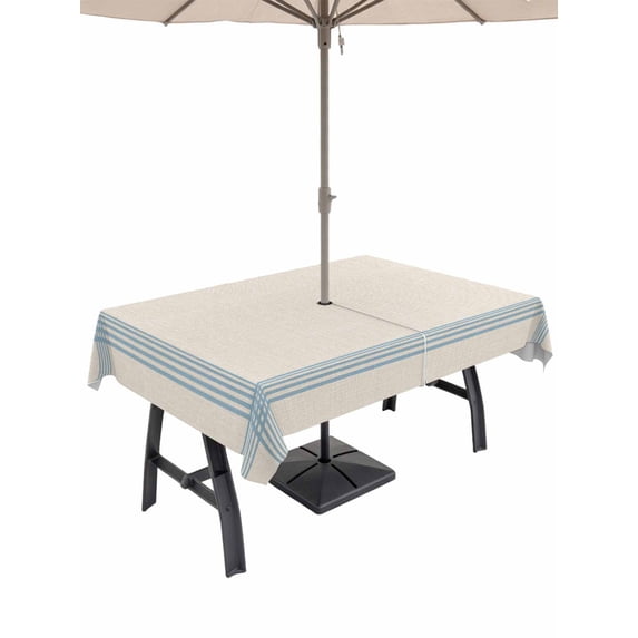 60x84 Inch Outdoor Tablecloth with Umbrella Hole Zipper Rectangle Blue Striped Rectangular Tablecloths Outside Waterproof Farmhouse Beige Geometric Minimalist Patio Table Cloth Cover for Picnic Party