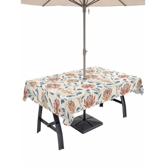 60x84 Inch Outdoor Tablecloth with Umbrella Hole Zipper Rectangle Boho Floral Rectangular Tablecloths Outside Waterproof Modern Watercolor Red Blue Flower Plant Patio Table Cover for Picnic Party