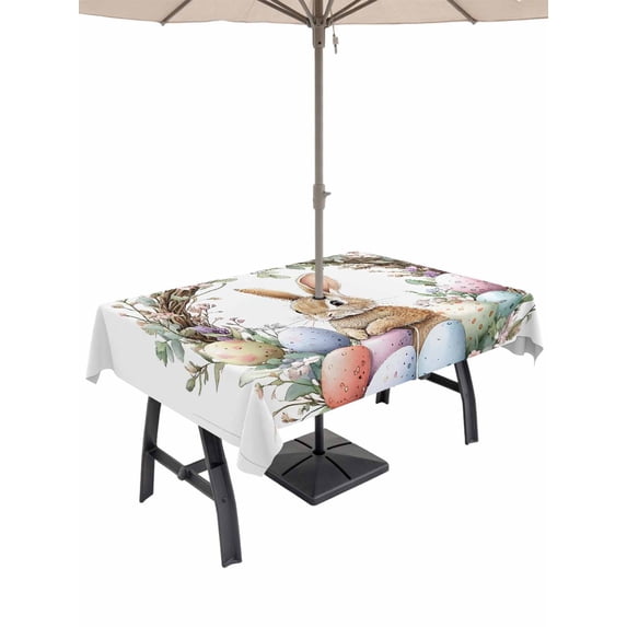60x84 Inch Outdoor Tablecloth with Umbrella Hole Zipper Rectangle Bunny Easter Rectangular Tablecloths Outside Waterproof Spring Floral Botanical Wreath Eggs Patio Table Cloth Cover for Picnic Party
