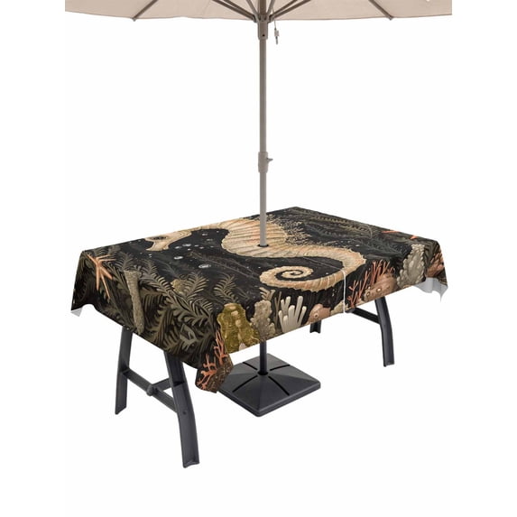 60x84 Inch Outdoor Tablecloth with Umbrella Hole Zipper Rectangle Coastal Vintage Seahorse Rectangular Tablecloths Outside Waterproof Summer Ocean Starfish Coral Patio Table Cover for Picnic Party