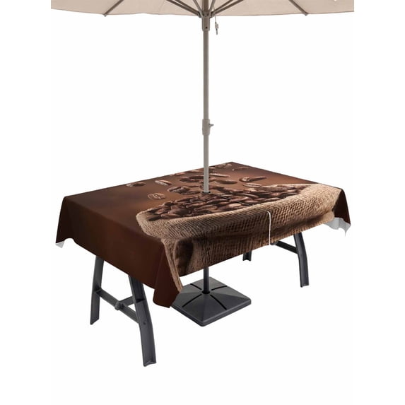 60x84 Inch Outdoor Tablecloth with Umbrella Hole Zipper Rectangle Coffee Beans Rectangular Tablecloths Outside Waterproof Dark Brown Falling Cafe Bean Sacks Modern Patio Table Cover for Picnic Party
