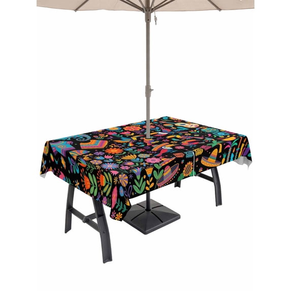 60x84 Inch Outdoor Tablecloth with Umbrella Hole Zipper Rectangle Colorful Cartoon Rectangular Tablecloths Outside Waterproof Funny Flowers Guitar Animals Ethnic Art Patio Table Cover for Picnic