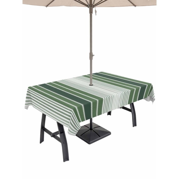 60x84 Inch Outdoor Tablecloth with Umbrella Hole Zipper Rectangle Dark Green Ombre Stripe Rectangular Tablecloths Outside Waterproof Farmhouse Simple Striped Patio Table Cloth Cover for Picnic Party
