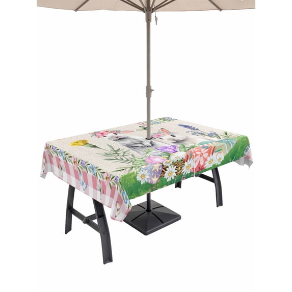 60x84 Inch Outdoor Tablecloth with Umbrella Hole Zipper Rectangle Easter Rectangular Tablecloths Outside Waterproof Spring Bunny Botanical Flowers Herbs Eggs Plaid Patio Table Cover for Picnic Party