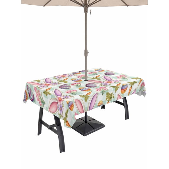 60x84 Inch Outdoor Tablecloth with Umbrella Hole Zipper Rectangle Easter Rectangular Tablecloths Outside Waterproof Spring Rabbit Ears Eggs Carrots Floral Green Plaid Patio Table Cover for Picnic