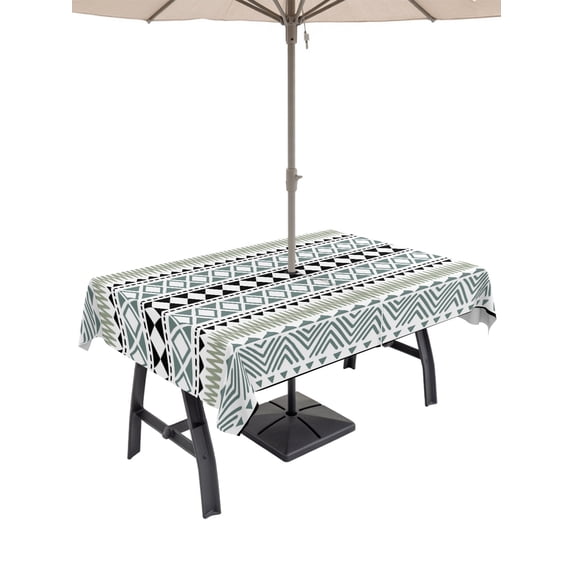 60x84 Inch Outdoor Tablecloth with Umbrella Hole Zipper Rectangle Ethnic Tribe Boho Rectangular Tablecloths Outside Waterproof Geometric Diamonds Dots Modern Patio Table Cloth Cover for Picnic Party