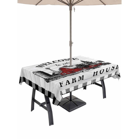 60x84 Inch Outdoor Tablecloth with Umbrella Hole Zipper Rectangle Farmhouse Cabin Rectangular Tablecloths Outside Waterproof Country Vintage House Wood Grain Pliad Patio Table Cover for Picnic Party
