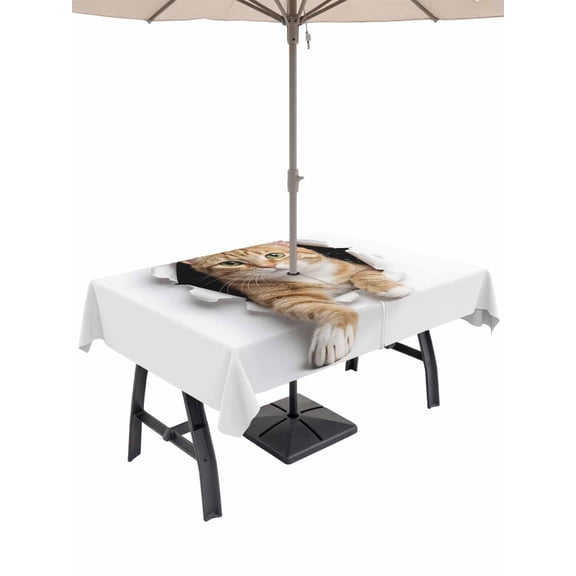 60x84 Inch Outdoor Tablecloth with Umbrella Hole Zipper Rectangle Ginger Cat Rectangular Tablecloths Outside Waterproof Torn Paper Cute Funny Animals Patio Table Cloth Cover for Picnic Party
