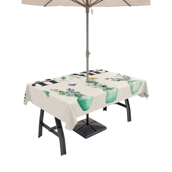 60x84 Inch Outdoor Tablecloth with Umbrella Hole Zipper Rectangle Green Bottle Eucalyptus Rectangular Tablecloths Outside Waterproof Country Rustic Leaves Burlap Patio Table Cloth Cover for Picnic
