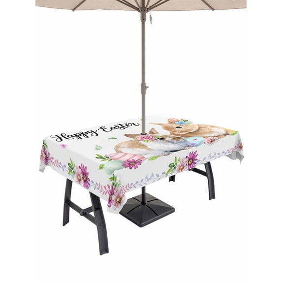 60x84 Inch Outdoor Tablecloth with Umbrella Hole Zipper Rectangle Happy Easter Rectangular Tablecloths Waterproof Cute Rabbits Eggs Daisy Flowers Plants Watercolor Patio Table Cover for Picnic