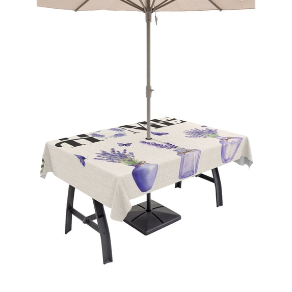 60x84 Inch Outdoor Tablecloth with Umbrella Hole Zipper Rectangle Lavender Vases Rectangular Tablecloths Outside Waterproof Home Purple Floral Butterflies Rustic Patio Table Cloth Cover for Picnic