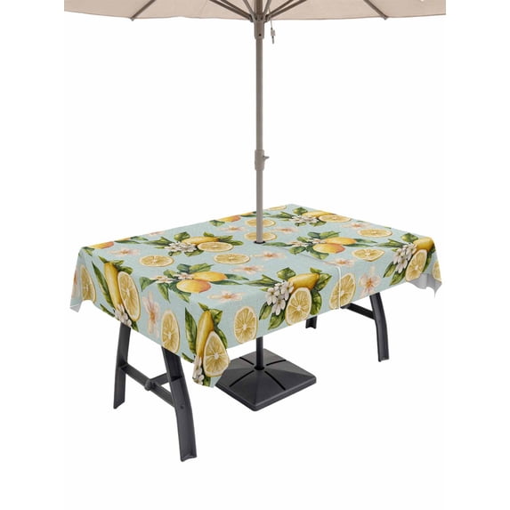 60x84 Inch Outdoor Tablecloth with Umbrella Hole Zipper Rectangle Lemon Flowers Rectangular Tablecloths Outside Waterproof Summer Spring Fruit Watercolor Green Patio Table Cover for Picnic Party