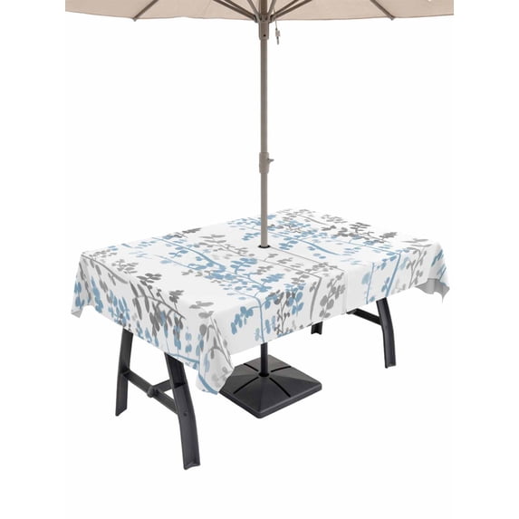 60x84 Inch Outdoor Tablecloth with Umbrella Hole Zipper Rectangle Light Blue Grey Botanical Rectangular Tablecloths Outside Waterproof Spring Floral Summer Farmhouse Patio Table Cover for Picnic