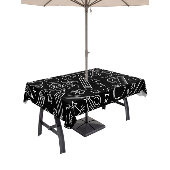 60x84 Inch Outdoor Tablecloth with Umbrella Hole Zipper Rectangle Mathematics Tools Sketch Rectangular Tablecloths Outside Waterproof Black Modern Abstract Icons Patio Table Cloth Cover for Picnic