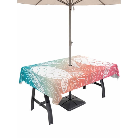 60x84 Inch Outdoor Tablecloth with Umbrella Hole Zipper Rectangle Ocean Turtle Rectangular Tablecloths Waterproof Summer Gradient Coastal Waves Tropical Animal Patio Table Cloth Cover for Picnic