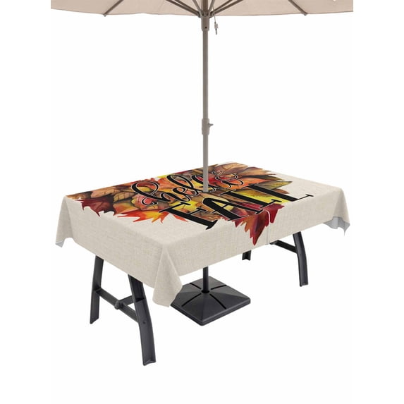 60x84 Inch Outdoor Tablecloth with Umbrella Hole Zipper Rectangle Orange Red Maple Leaf Rectangular Tablecloths Outside Waterproof Hello Fall Watercolor Rustic Patio Table Cover for Picnic Party