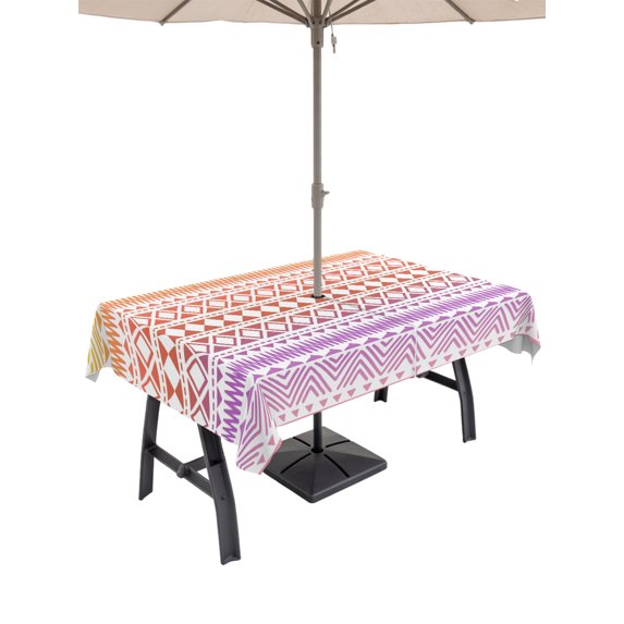 60x84 Inch Outdoor Tablecloth with Umbrella Hole Zipper Rectangle Purple Yellow Boho Rectangular Tablecloths Outside Waterproof Ethnic Tribe Arrows Geometric Patio Table Cloth Cover for Picnic Party