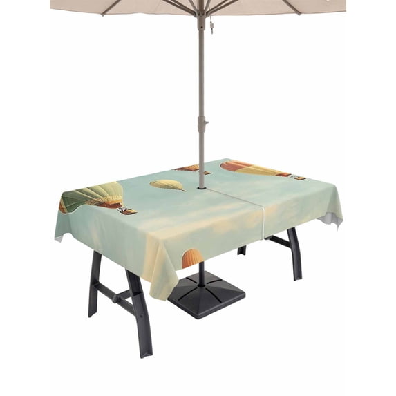 60x84 Inch Outdoor Tablecloth with Umbrella Hole Zipper Rectangle Retro Hot Air Balloon Rectangular Tablecloths Outside Waterproof Modern Flying Balloon Patio Table Cloth Cover for Picnic Party