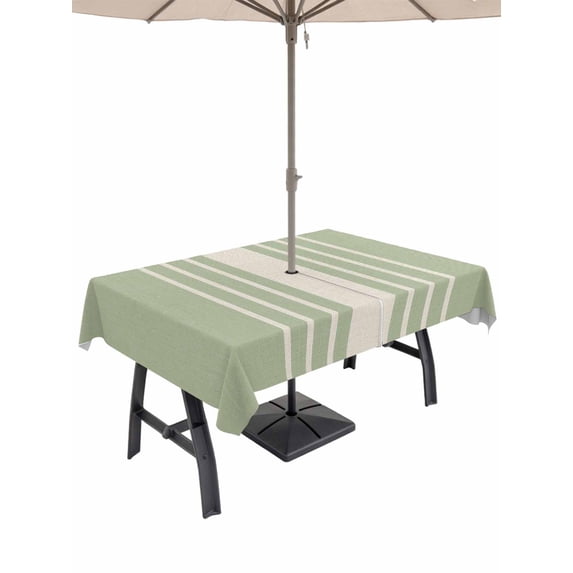 60x84 Inch Outdoor Tablecloth with Umbrella Hole Zipper Rectangle Sage Green Beige Striped Rectangular Tablecloths Outside Waterproof Modern Farmhouse Retro Lines Patio Table Cover for Picnic Party