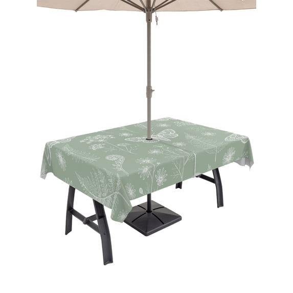 60x84 Inch Outdoor Tablecloth with Umbrella Hole Zipper Rectangle Sage Green Butterfly Botanical Rectangular Tablecloths Outside Waterproof Summer Plants Line Art Patio Table Cloth Cover for Picnic