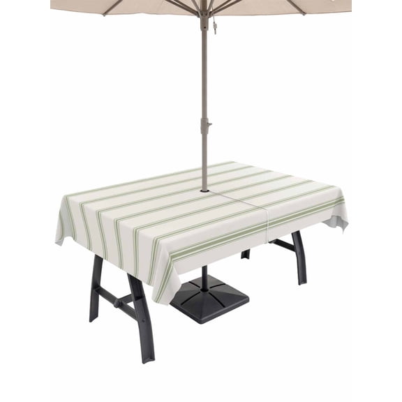 60x84 Inch Outdoor Tablecloth with Umbrella Hole Zipper Rectangle Sage Green Striped Rectangular Tablecloths Outside Waterproof Rustic Green Stripe Modern Art Beige Patio Table Cover for Picnic Party