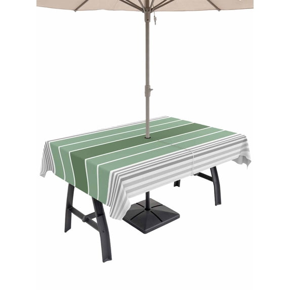 60x84 Inch Outdoor Tablecloth with Umbrella Hole Zipper Rectangle Sage Green Stripes Rectangular Tablecloths Outside Waterproof Modern Spring Abstract Striped Patio Table Cloth Cover for Picnic Party