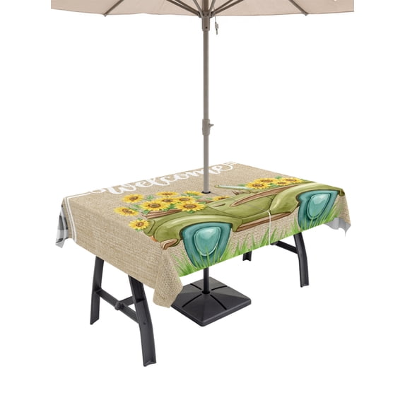 60x84 Inch Outdoor Tablecloth with Umbrella Hole Zipper Rectangle Sage Green Truck Rectangular Tablecloths Outside Waterproof Farmhouse Sunflowers Burlap Plaid Patio Table Cloth Cover for Picnic