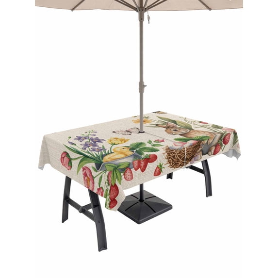 60x84 Inch Outdoor Tablecloth with Umbrella Hole Zipper Rectangle Spring Easter Rectangular Tablecloths Outside Waterproof Country Bunny Chick Floral Butterflies Burlap Patio Table Cover for Picnic