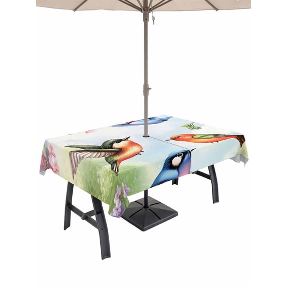 60x84 Inch Outdoor Tablecloth with Umbrella Hole Zipper Rectangle Spring Floral Rectangular Tablecloths Outside Waterproof Pastoral Butterfly Bird Elegant Patio Table Cloth Cover for Picnic Party