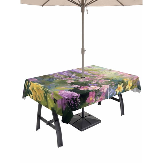 60x84 Inch Outdoor Tablecloth with Umbrella Hole Zipper Rectangle Spring Flower Rectangular Tablecloths Waterproof Garden Blossom Fantasy Floral Pastoral Oil Painting Patio Table Cover for Picnic