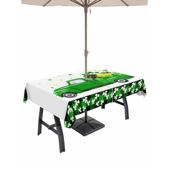 60x84 Inch Outdoor Tablecloth with Umbrella Hole Zipper Rectangle St. Patrick's Day Rectangular Tablecloths Outside Waterproof Spring Lucky Dogs Green Grass Truck Plaid Patio Table Cover for Picnic