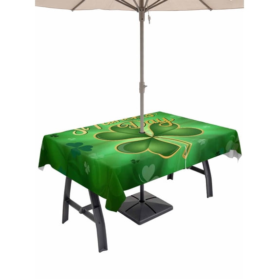 60x84 Inch Outdoor Tablecloth with Umbrella Hole Zipper Rectangle St. Patrick's Day Rectangular Tablecloths Outside Waterproof Spring Lucky Shamrock Grass Farmhouse Patio Table Cover for Picnic Party