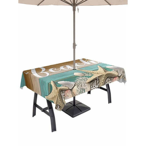60x84 Inch Outdoor Tablecloth with Umbrella Hole Zipper Rectangle Starfish Rectangular Tablecloths Outside Waterproof Coastal Coral Ocean Teal Green Brown Wood Grain Patio Table Cover for Picnic