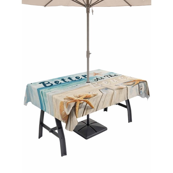 60x84 Inch Outdoor Tablecloth with Umbrella Hole Zipper Rectangle Summer Beach Rectangular Tablecloths Outside Waterproof Watercolor Ocean Waves Starfish Plank Patio Table Cover for Picnic Party