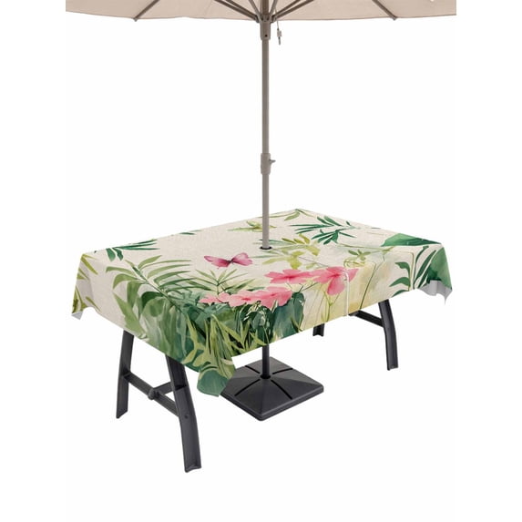 60x84 Inch Outdoor Tablecloth with Umbrella Hole Zipper Rectangle Summer Flowers Rectangular Tablecloths Outside Waterproof Watercolor Farmhouse Botanical Leaves Patio Table Cover for Picnic Party