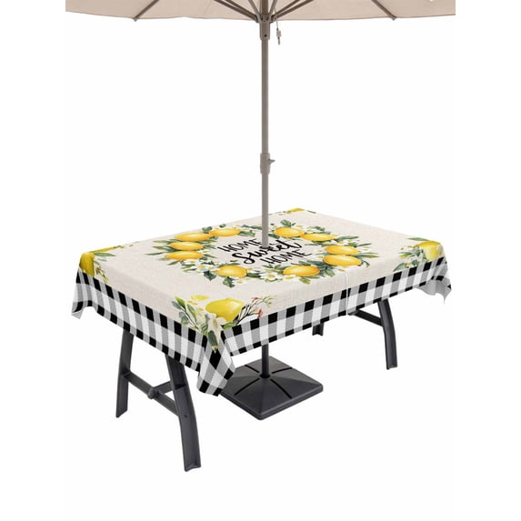 60x84 Inch Outdoor Tablecloth with Umbrella Hole Zipper Rectangle Summer Lemon Rectangular Tablecloths Outside Waterproof Farmhouse Black Check Plaid Vintage Patio Table Cloth Cover for Picnic Party