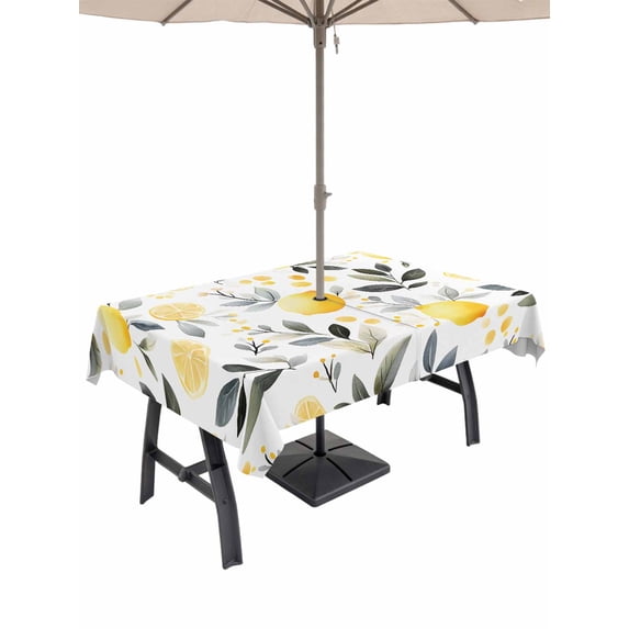 60x84 Inch Outdoor Tablecloth with Umbrella Hole Zipper Rectangle Summer Lemon Rectangular Tablecloths Outside Waterproof Watercolor Fruit Grey Leaf Patio Table Cloth Cover for Picnic Party