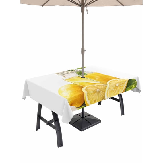60x84 Inch Outdoor Tablecloth with Umbrella Hole Zipper Rectangle Summer Lemon Rectangular Tablecloths Outside Waterproof Yellow Watercolor Pastel Country Retro Patio Table Cover for Picnic Party