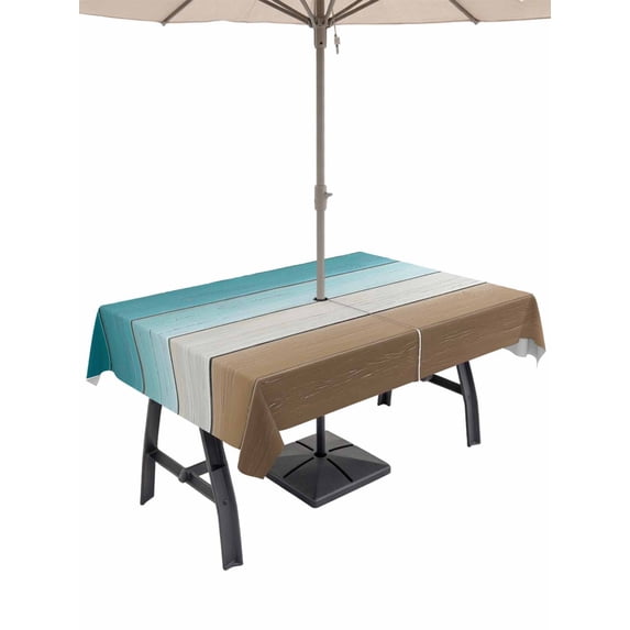 60x84 Inch Outdoor Tablecloth with Umbrella Hole Zipper Rectangle Teal Brown Rectangular Tablecloths Outside Waterproof Rustic Vintage Abstract Ombre Wooden Plank Patio Table Cover for Picnic Party