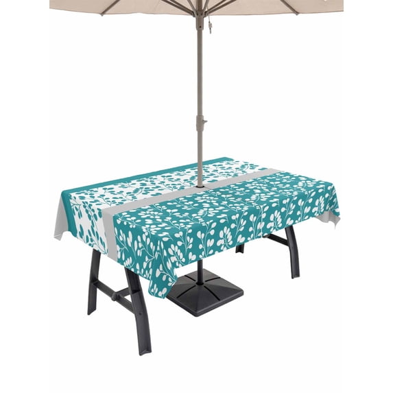 60x84 Inch Outdoor Tablecloth with Umbrella Hole Zipper Rectangle Teal Floral Rectangular Tablecloths Outside Waterproof Botanical Blossom Motif Boho Grey Stripes Patio Table Cover for Picnic Party