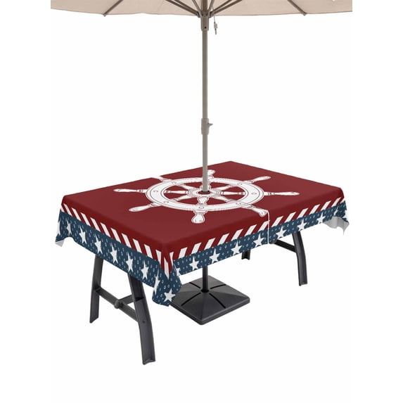 60x84 Inch Outdoor Tablecloth with Umbrella Hole Zipper Rectangle US Flag Rectangular Tablecloths Outside Waterproof Independence Day Star Stripe Nautical Rudder Patio Table Cover for Picnic Party